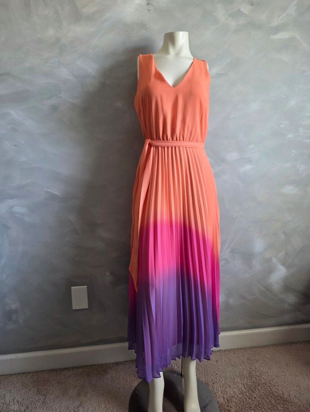 Taylor ombre pleated sleeveless midi Maxi dress Belted orange, pink, purple Sz M
